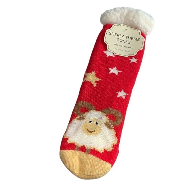 NWT SHERPA Christmas Theme Socks - Sheep Pattern Slipper Socks Non-Slip - Picture 1 of 7